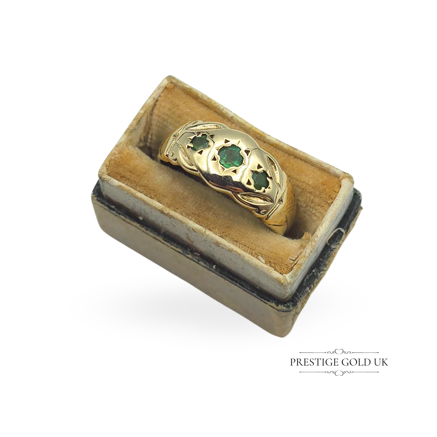 9ct Gold Triple Emerald Ring, London 1979 UK M 1/2 US 6 1/4, Euro 53.5