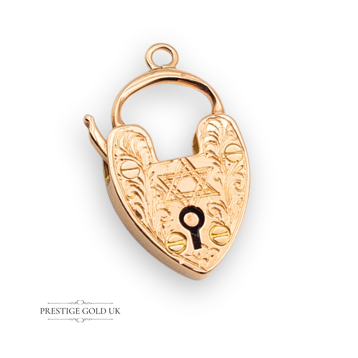 Hallmarked antique 9ct rose gold heart padlock pendant with hand-engraved Star of David, vintage symbolic jewellery with detailed scrollwork and rich rose tones.