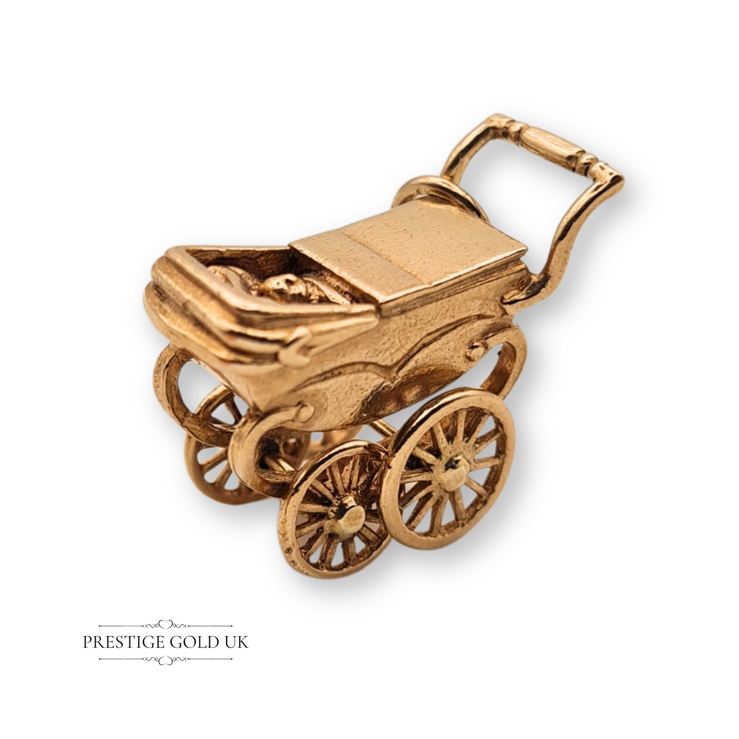 Large 9ct Gold Pram Charm With Baby, Old Fashioned Coach Built Pram