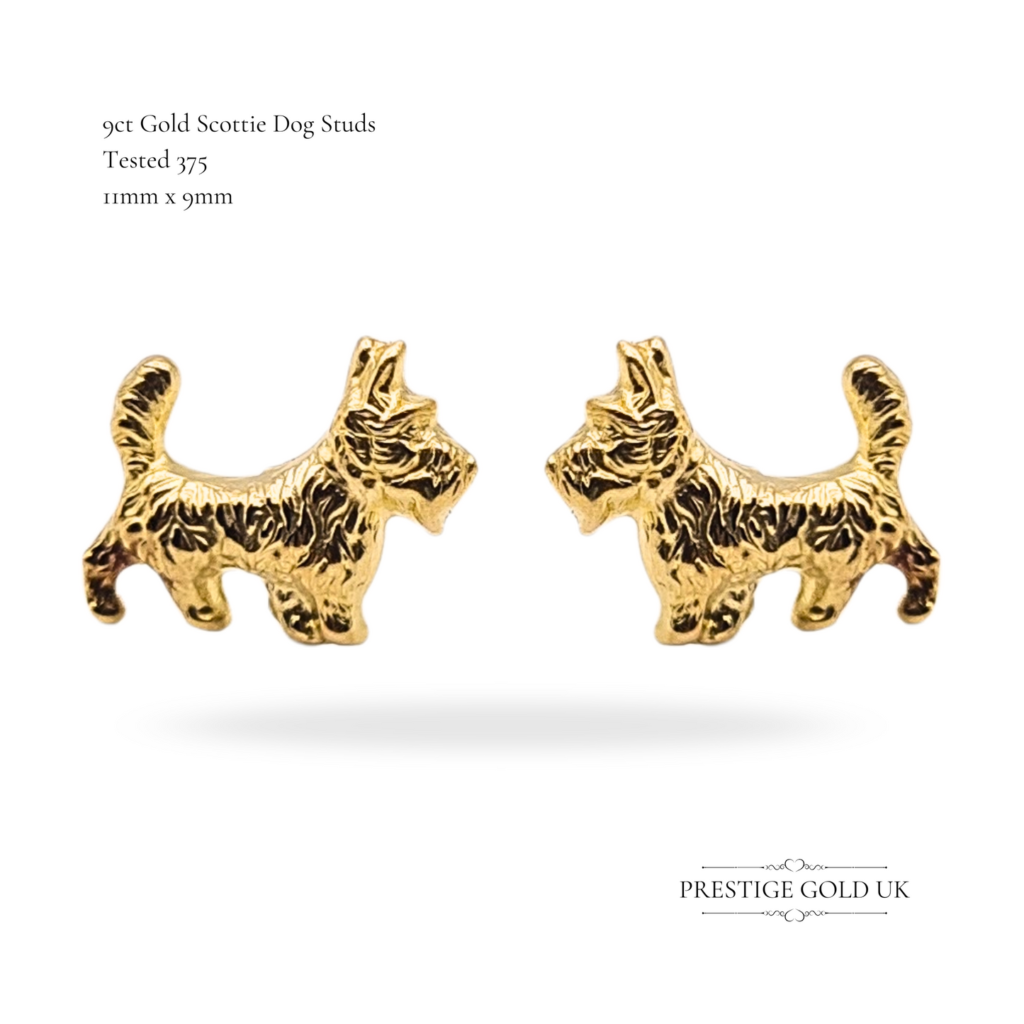 9ct Gold Scottie Dog Small Stud Earrings, Lightweight Scottish Terrier Jewellery