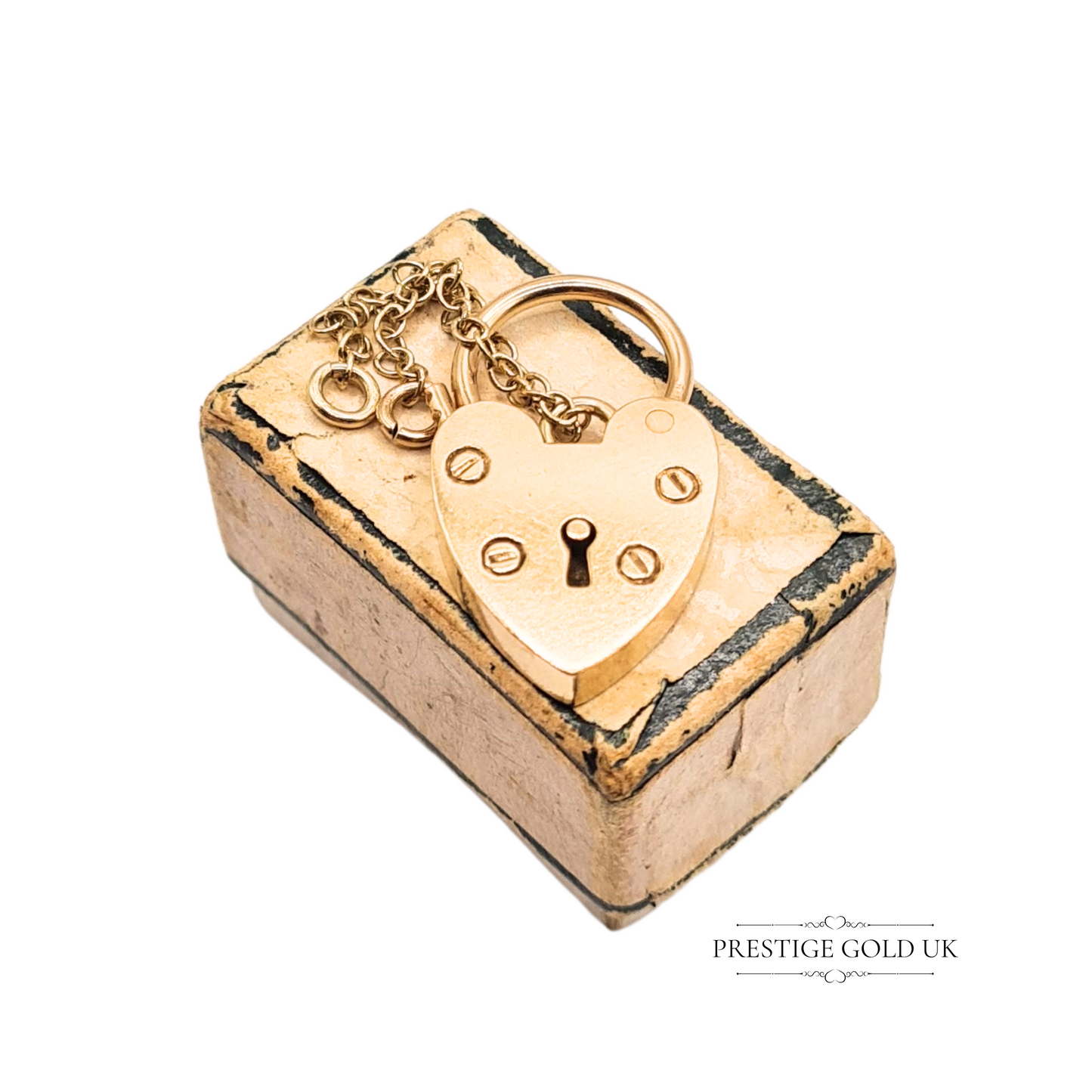 9ct Gold Heart Padlock Charm 1991 PJ Birmingham with 60mm Safety Chain