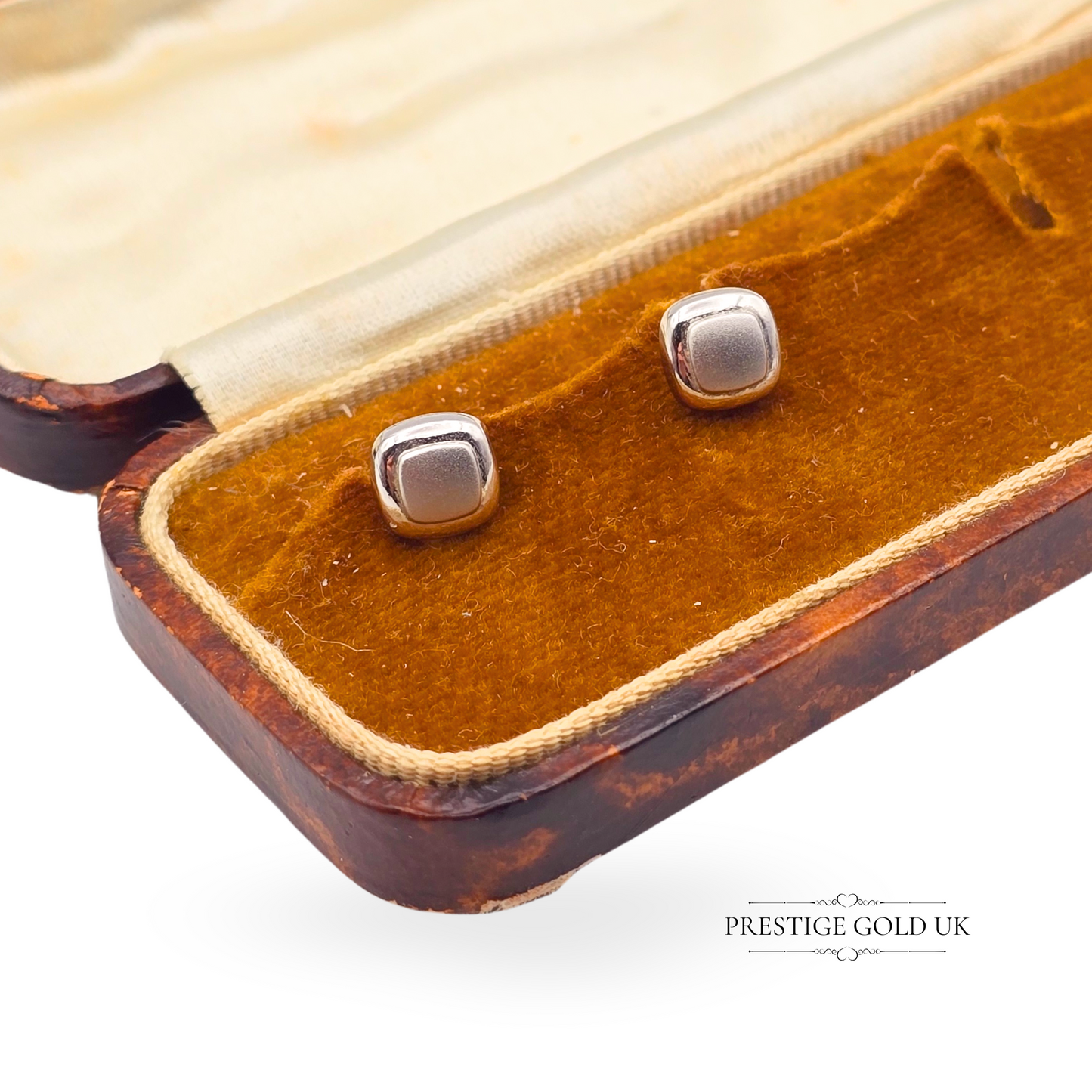 9ct White Gold Rounded Square Stud Earrings, Polished & Satin White Gold