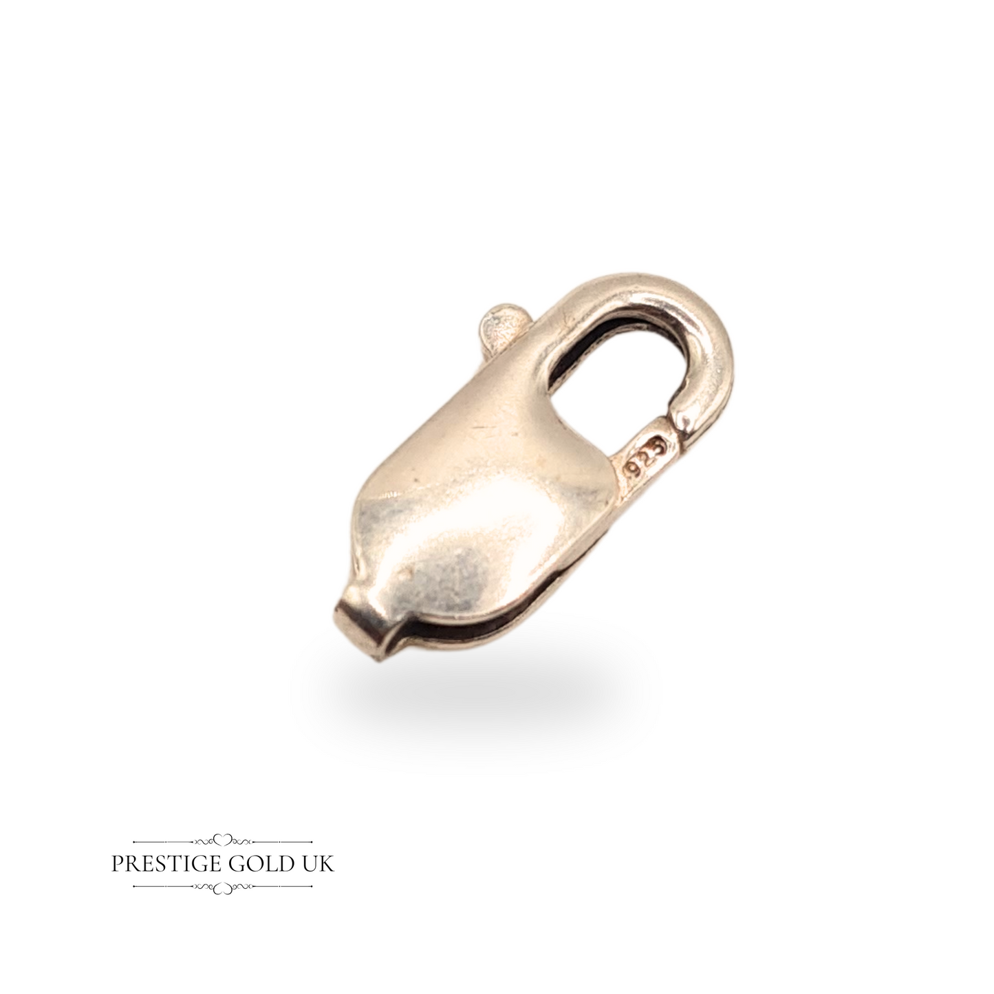 Polished 925 sterling silver lobster clasp, 16mm x 9mm, stamped 925 with secure spring mechanism, ideal for medium-weight necklaces and bracelets; classic silver fastener, weighs 1.27g.