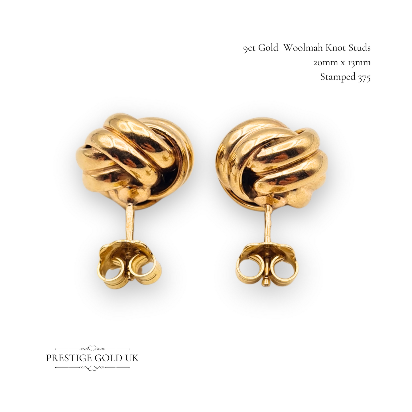 Large Gold Woolmark Stud Earrings, Large Lovers Knot Celtic Knot Ladies Studs