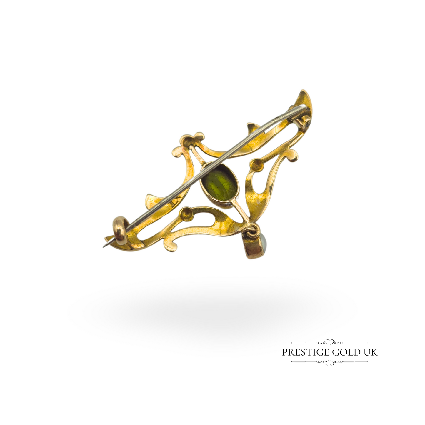 Antique 9ct Gold Art Nouveau Peridot & Pearl Brooch