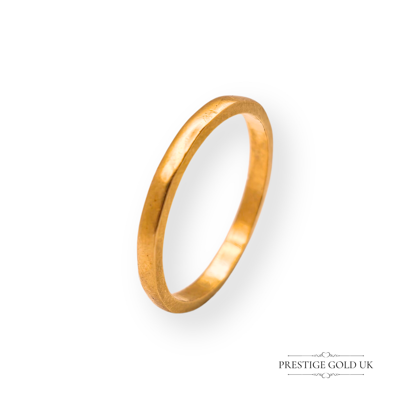 Vintage 22ct gold wedding band with crisp faceted flat edges, crafted by MA&Co, fully hallmarked Birmingham 1949. Slim 2mm wide minimalist design with rich yellow gold, perfect as a wedding ring, stacking band, or heirloom keepsake.