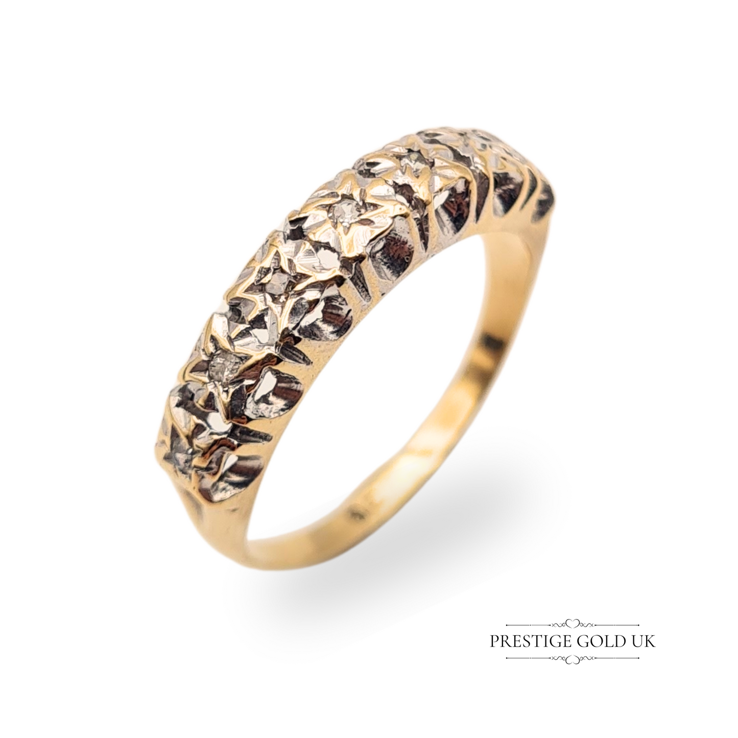 Vintage 9ct gold illusion-set diamond ring with textured star-cut pattern, 4mm band, size UK J / US 4 3/4, fully tested gold, Birmingham 1977, dainty and decorative