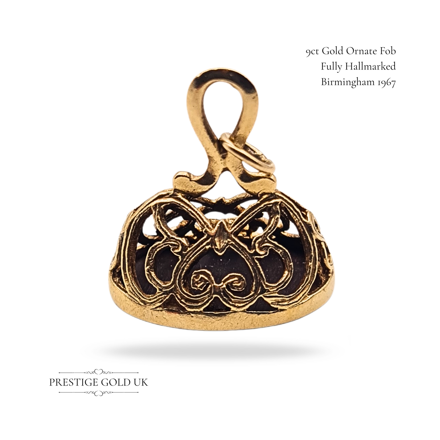 9ct Gold Ornate Oval Fob, Vintage Butterfly Scrollwork Pendant / Seal Fob