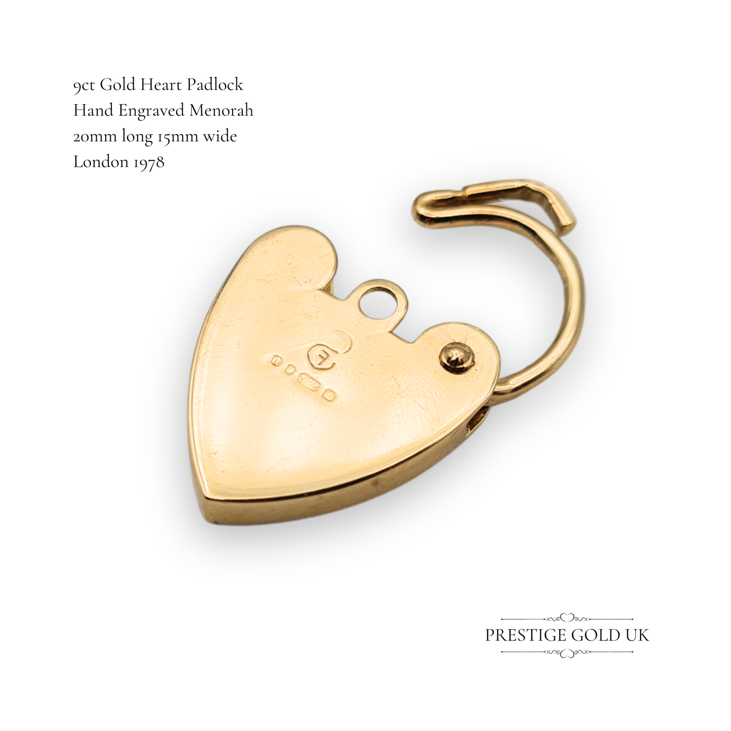 9ct Gold Jewish Menorah Heart Padlock Ornate Engraving, London 1978 Hallmarked