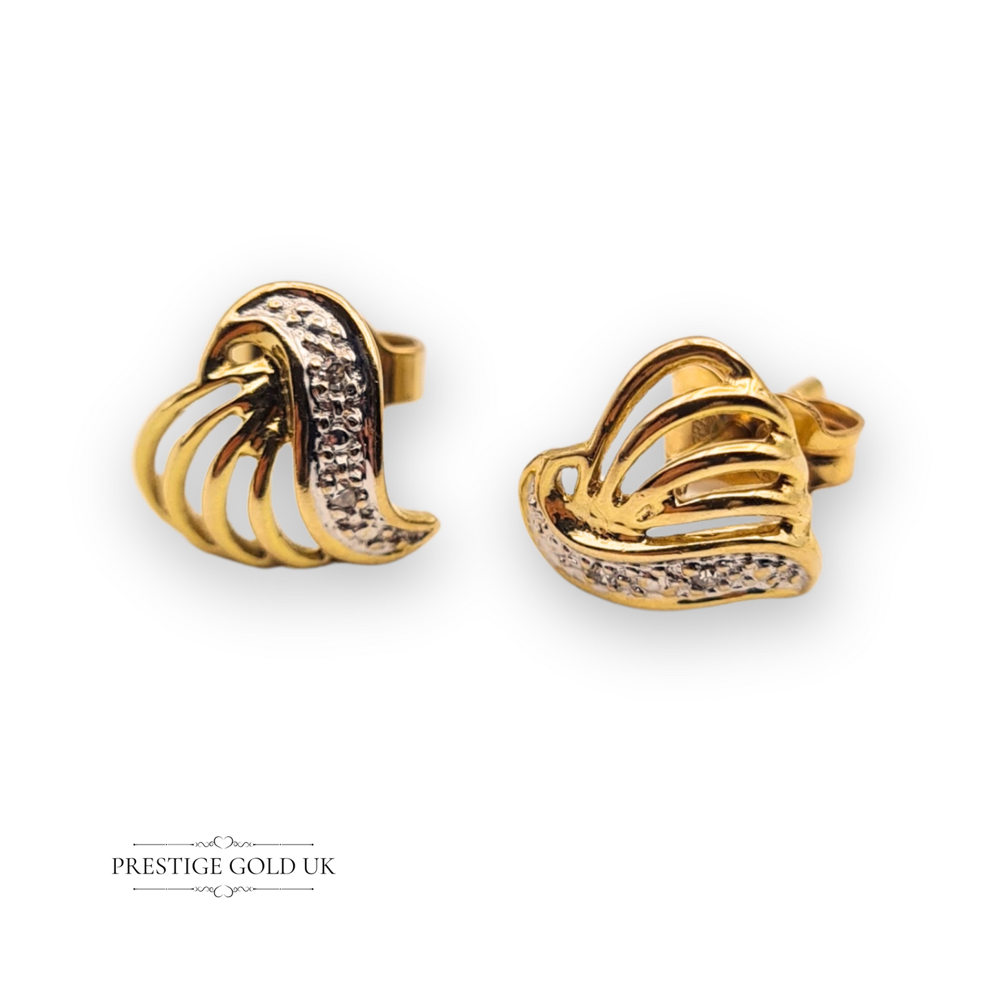 Pair of 9ct yellow gold heart-shaped stud earrings with open design and white stone detail, measuring 12mm x 9mm, butterfly backs, lightweight and romantic.