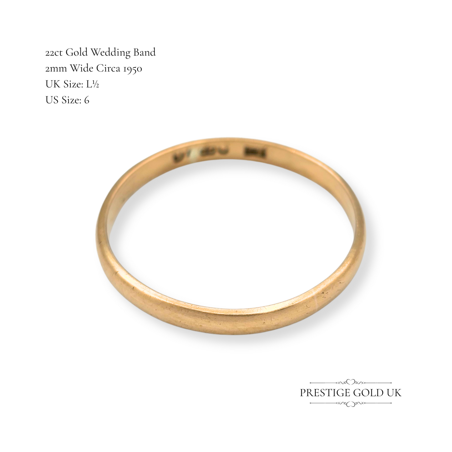 1950's Small 22ct Gold Wedding Band, Narrow Ring, UK L 1/2 US 6, 2mm Wide
