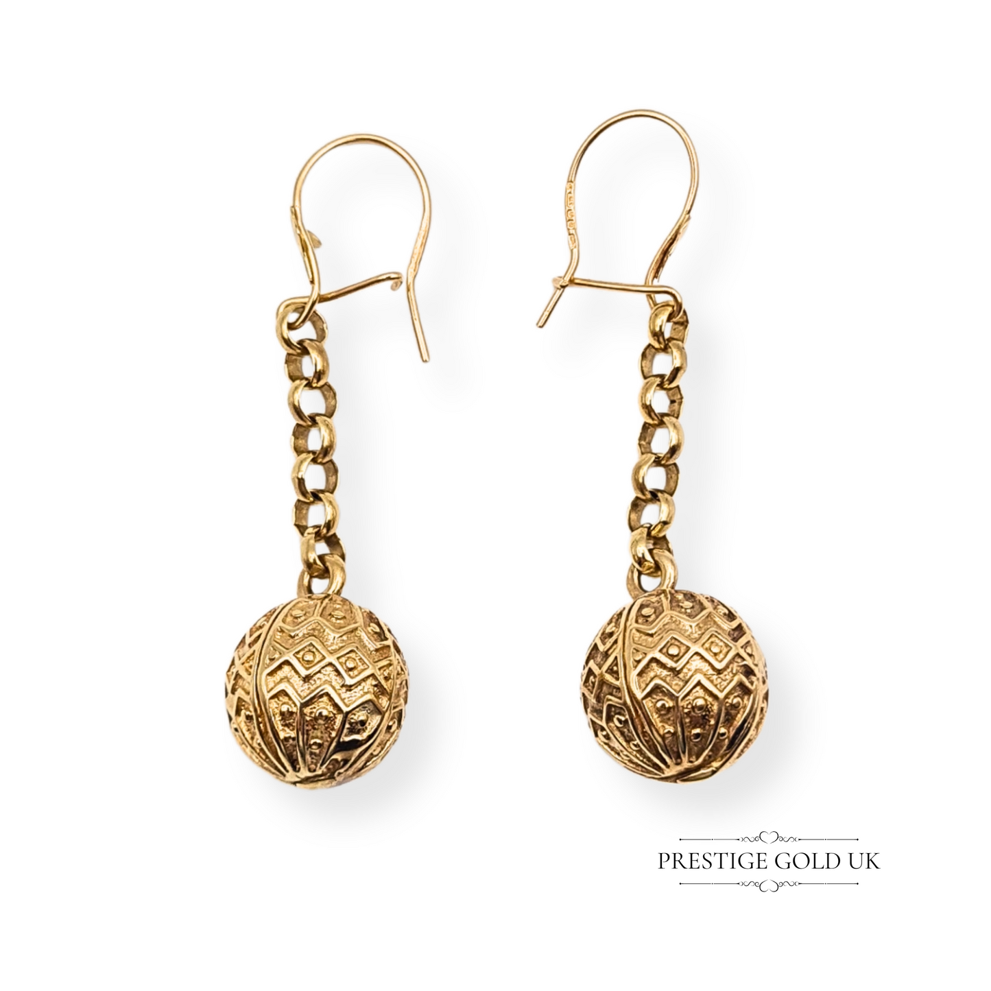 9ct Gold Textured Drop Ball Earrings Unique Ladies Dangle Earrings 44mm long