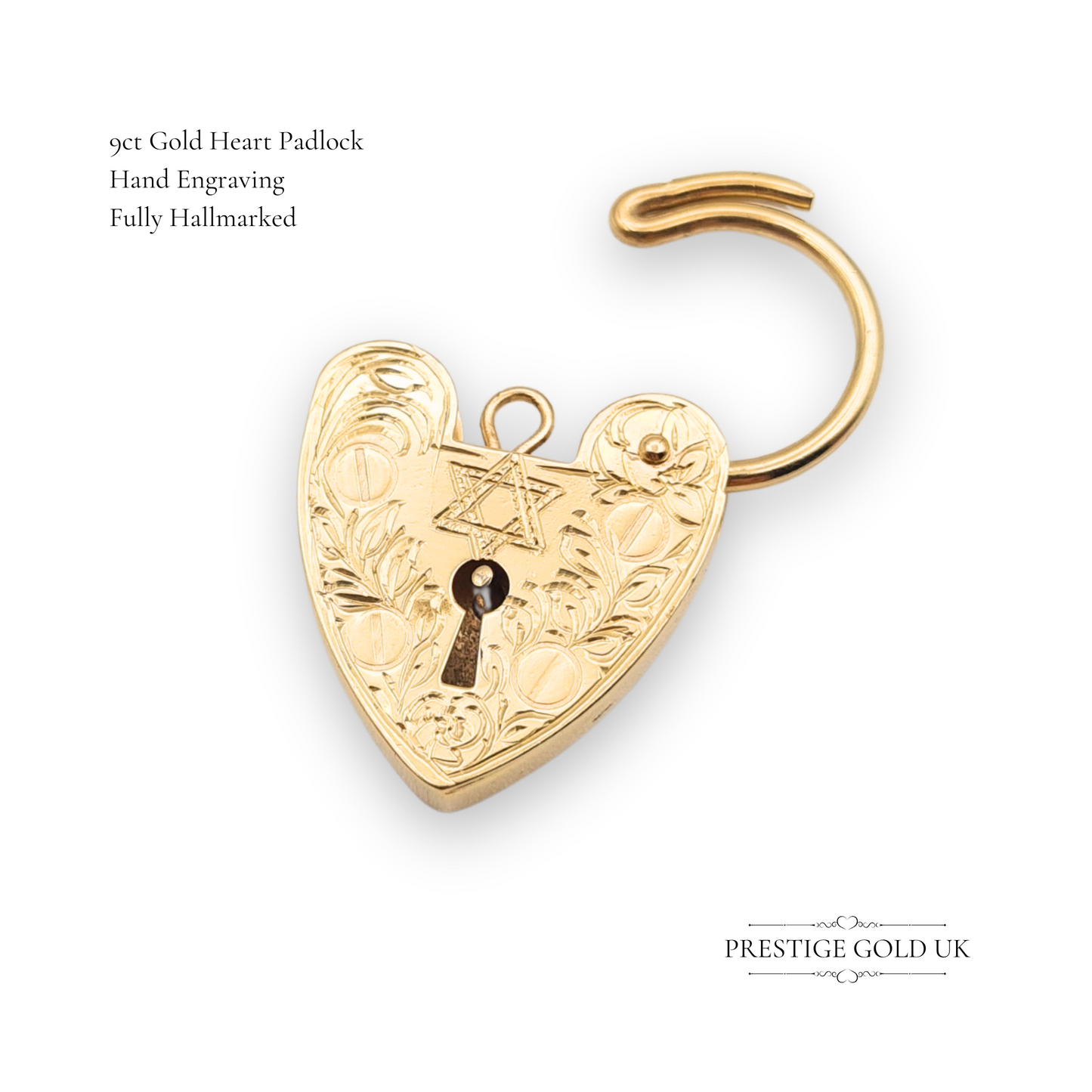 Large 9ct Gold Vintage Heart Padlock, With Hand Engraved Star of David