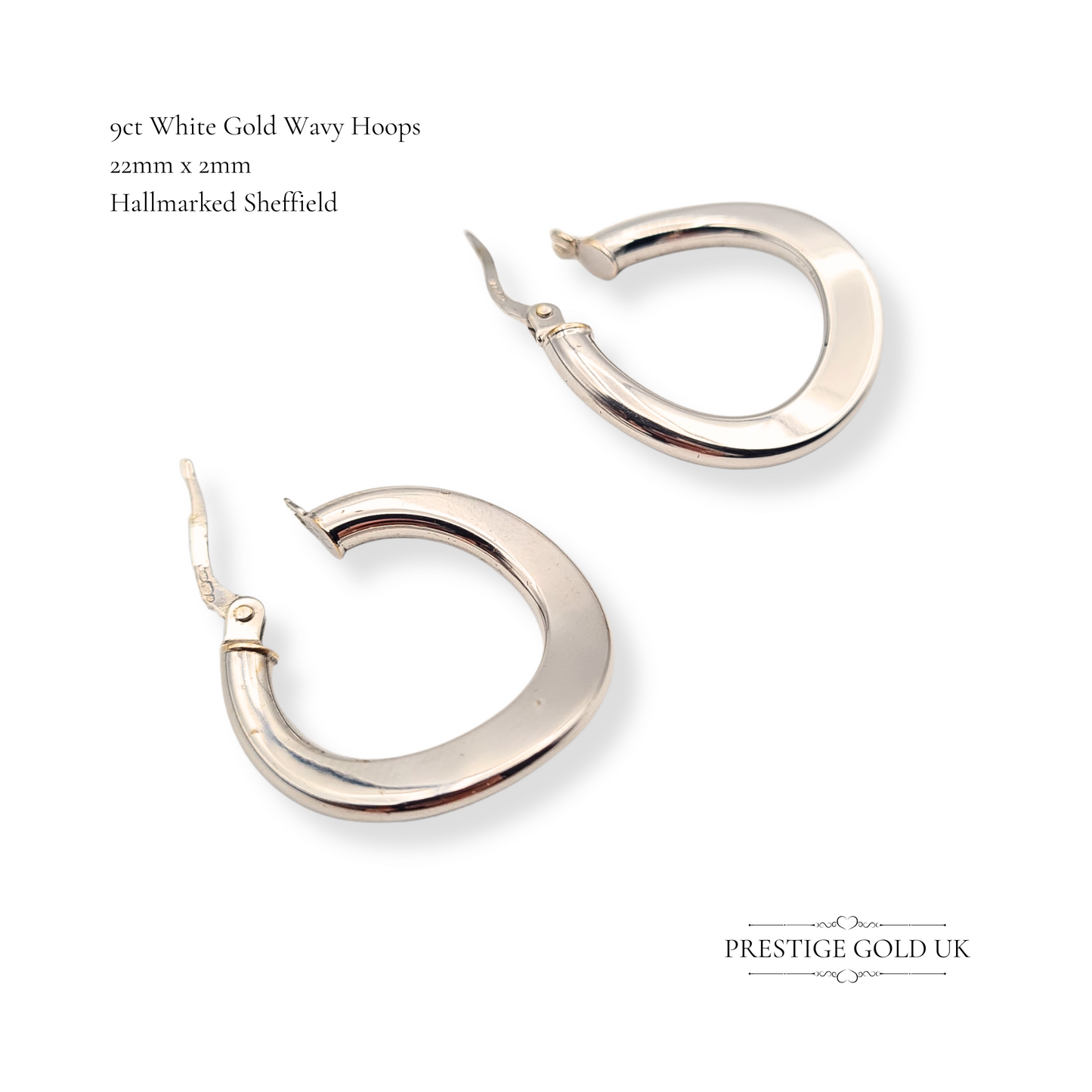 9ct White Gold Wavy Hoop Earrings, Secure Flip Top Fasteners