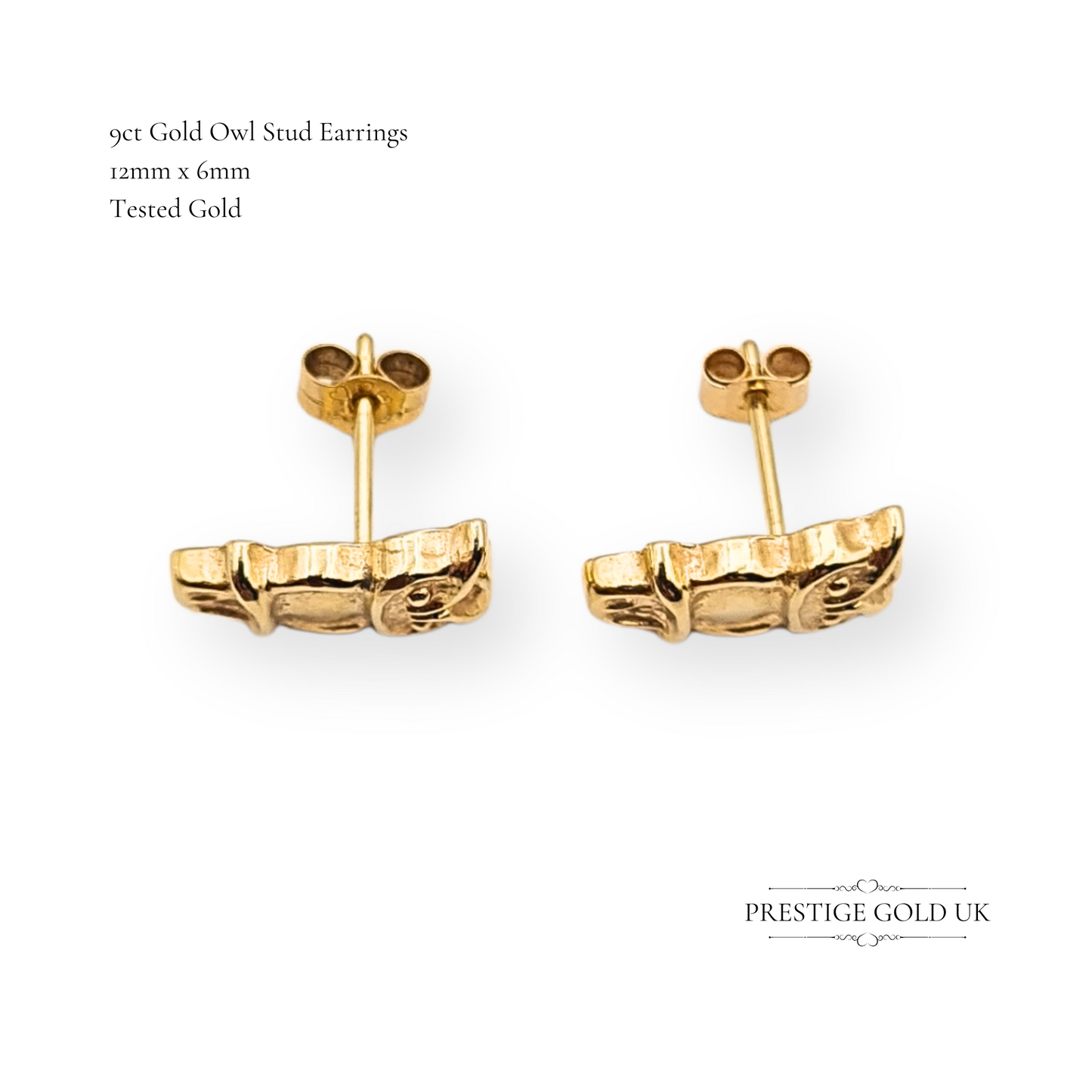 9ct Gold Owl Stud Earrings, Hollow Lightweight Design With Butterfly Backs