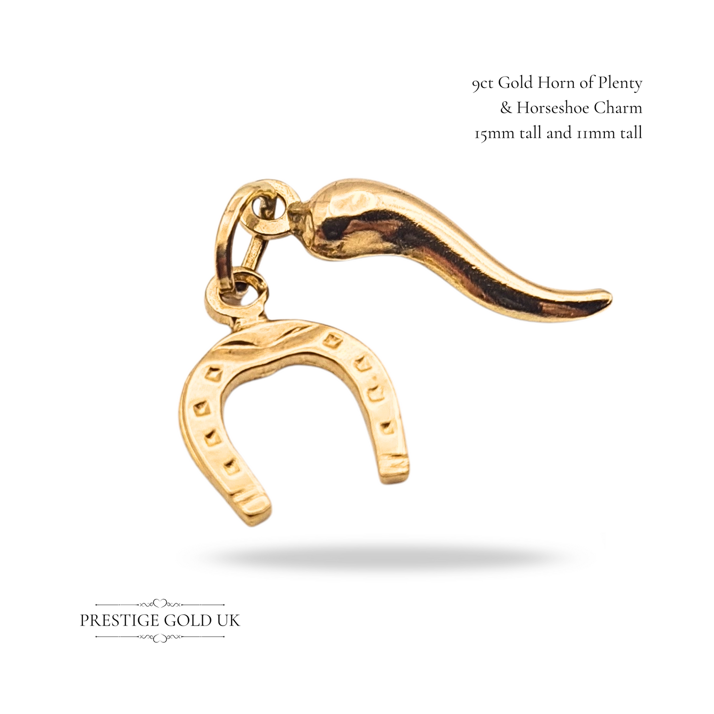 Tiny 9ct Gold Horn & Horseshoe Charm Set Lightweight Lucky Symbols