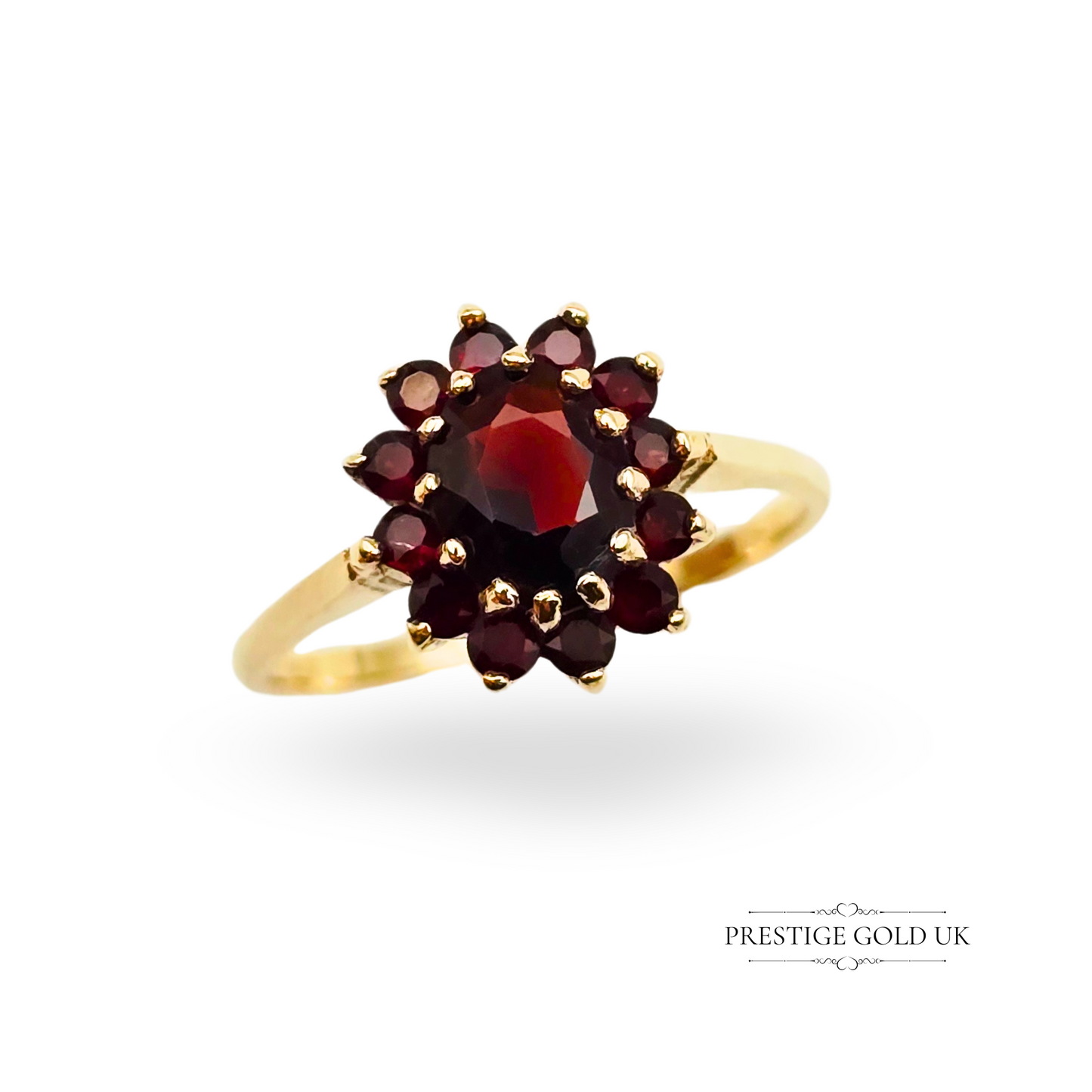 9ct Gold Garnet Cluster Ring, 1973, UK S / US 9, Red Gem Floral Design