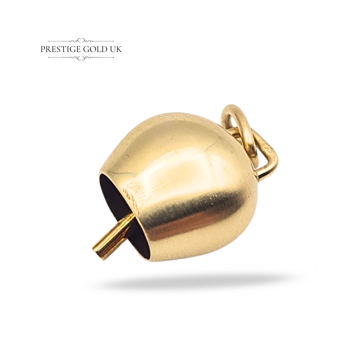 Solid 9ct yellow gold Austrian cow bell charm pendant weighing 1.76 grams, measuring 13mm x 12mm x 9mm, fully tested gold, vintage style with ringing bell feature, polished finish, unmarked but tested.