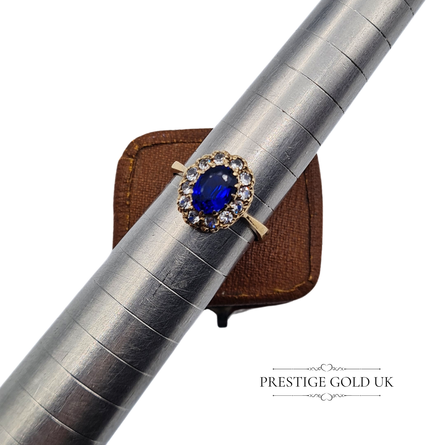 Vintage 9ct Gold Blue Stone & CZ Oval Cluster Ring - UK H US 3 3/4