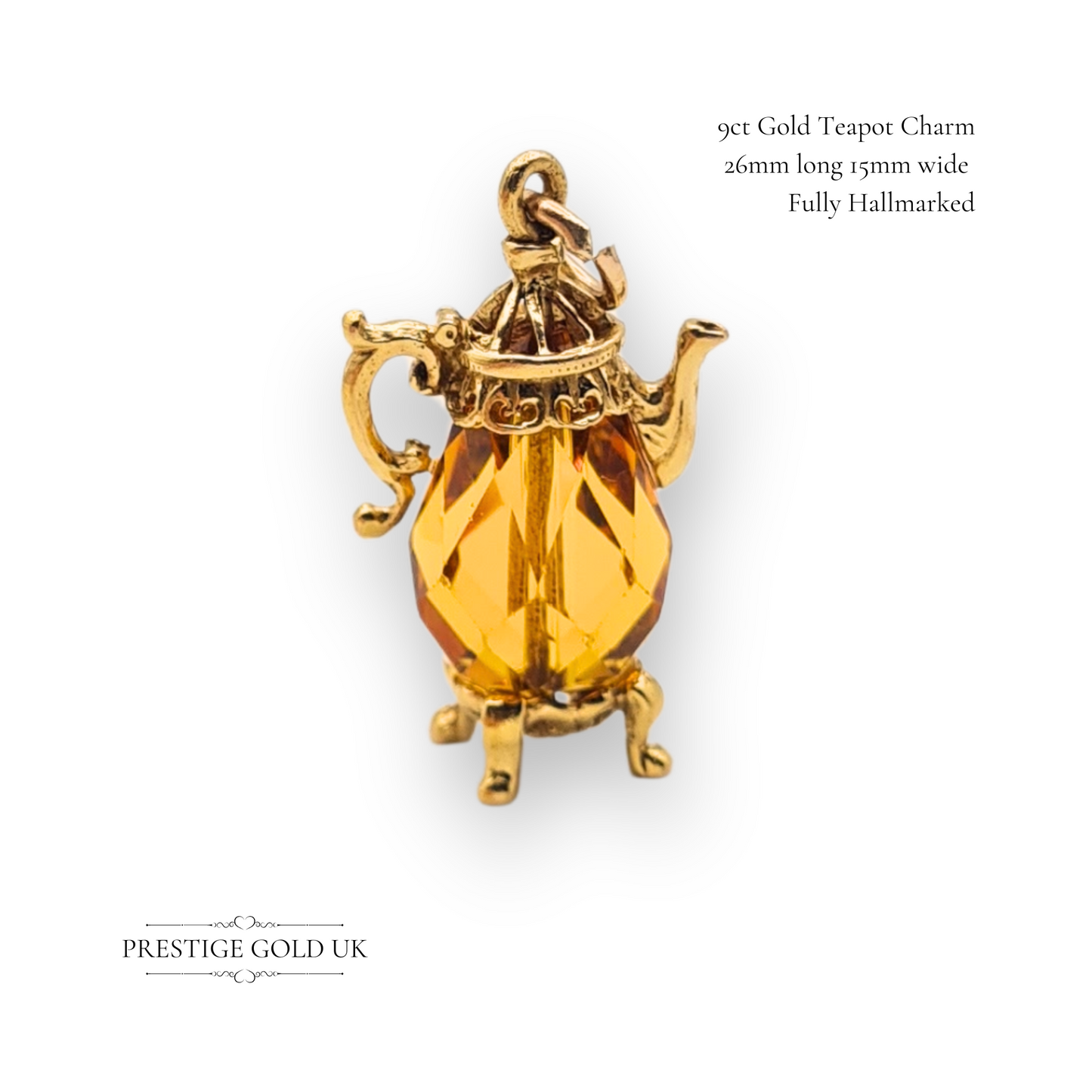 9ct Gold Vintage Teapot Coffee Pot Charm With Orange Faceted Crystal