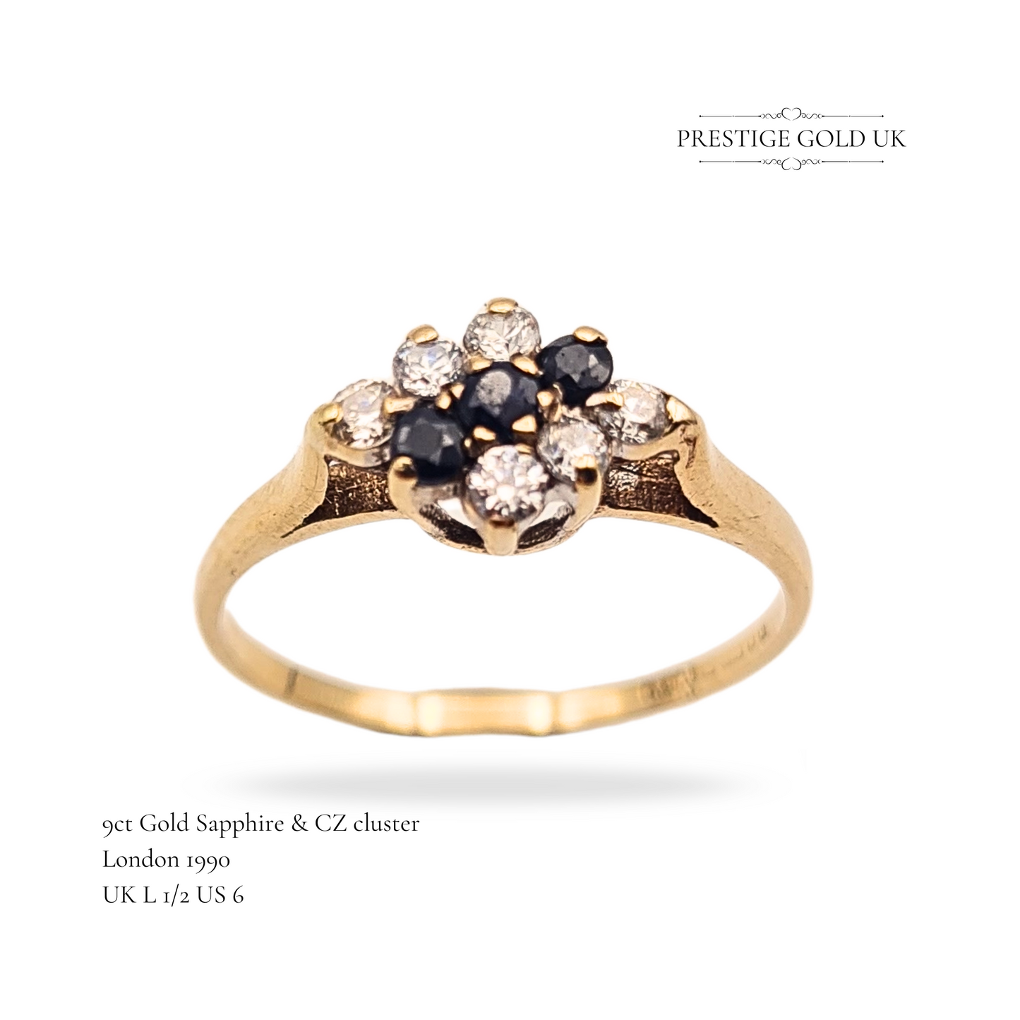9ct Gold Sapphire & CZ Cluster Ring, Hallmarked London 1990, Size UK L 1/2 US 6