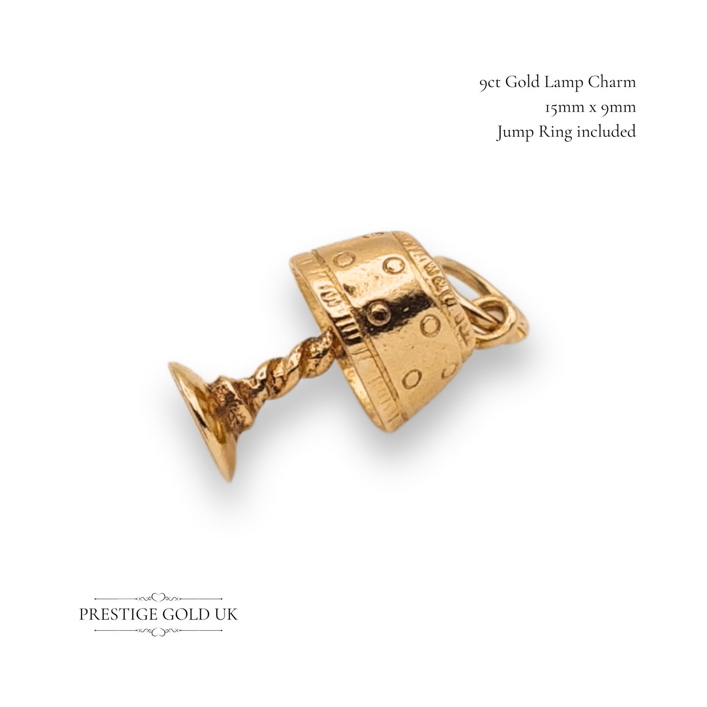 Small 9ct Gold Lamp Charm, Tiny Twisted Stem Solid Gold Miniature Lamp