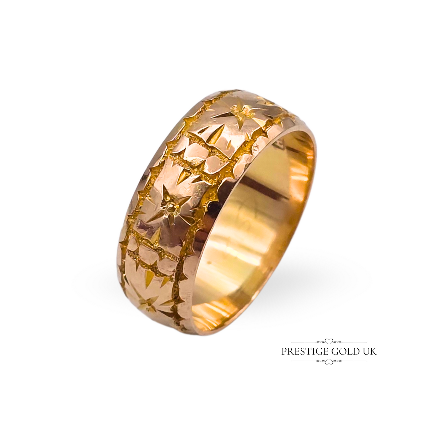 Antique 9ct Rose Gold Band, Star Pattern Hand Engraved Ring 1916, UK N 1/2 US 7