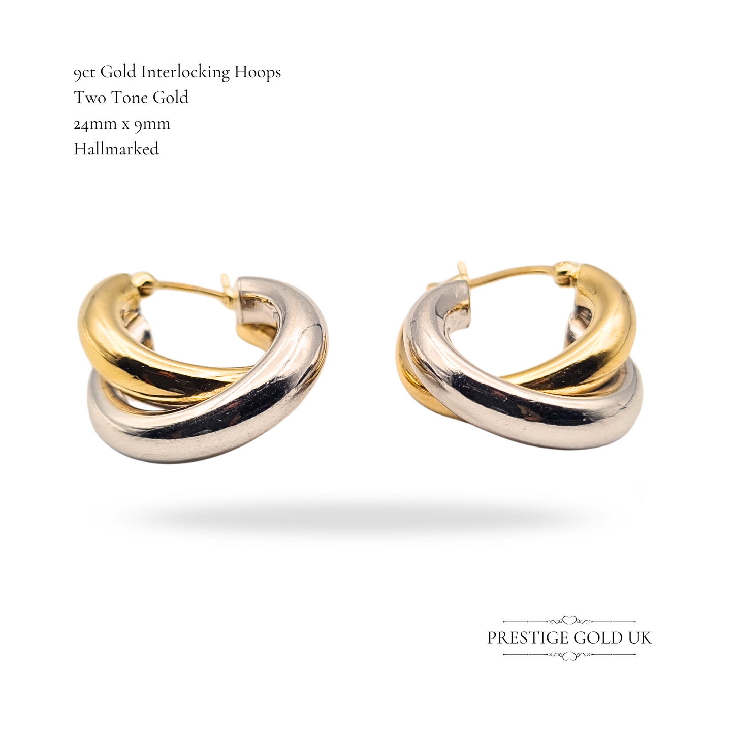 9ct Gold Two Tone Hoop Earrings, Interlocking twist Desing