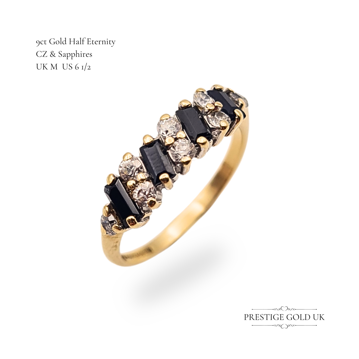 9ct Gold Navy Sapphire CZ Half Eternity Ring UK M US 6 1/2 Baguette Cut Stones