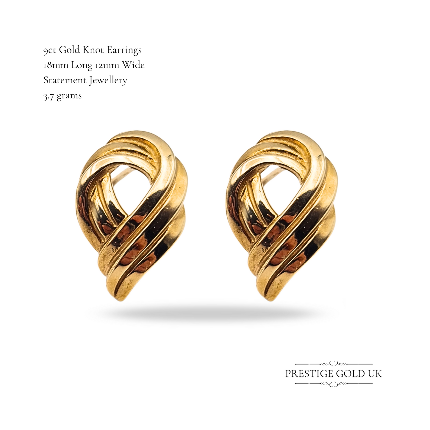 9ct Gold Twist Knot Earrings, 3-Strand Swirl Design, Statement Earrings