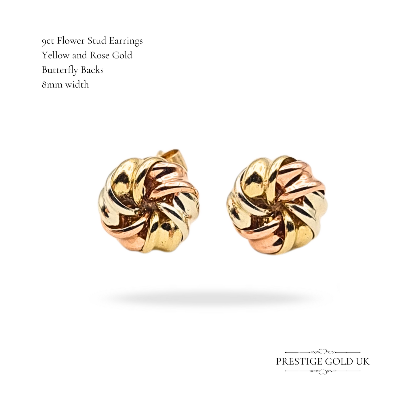 9ct Gold Round Flower Stud Earrings, Yellow, white and Rose Gold Twist Design