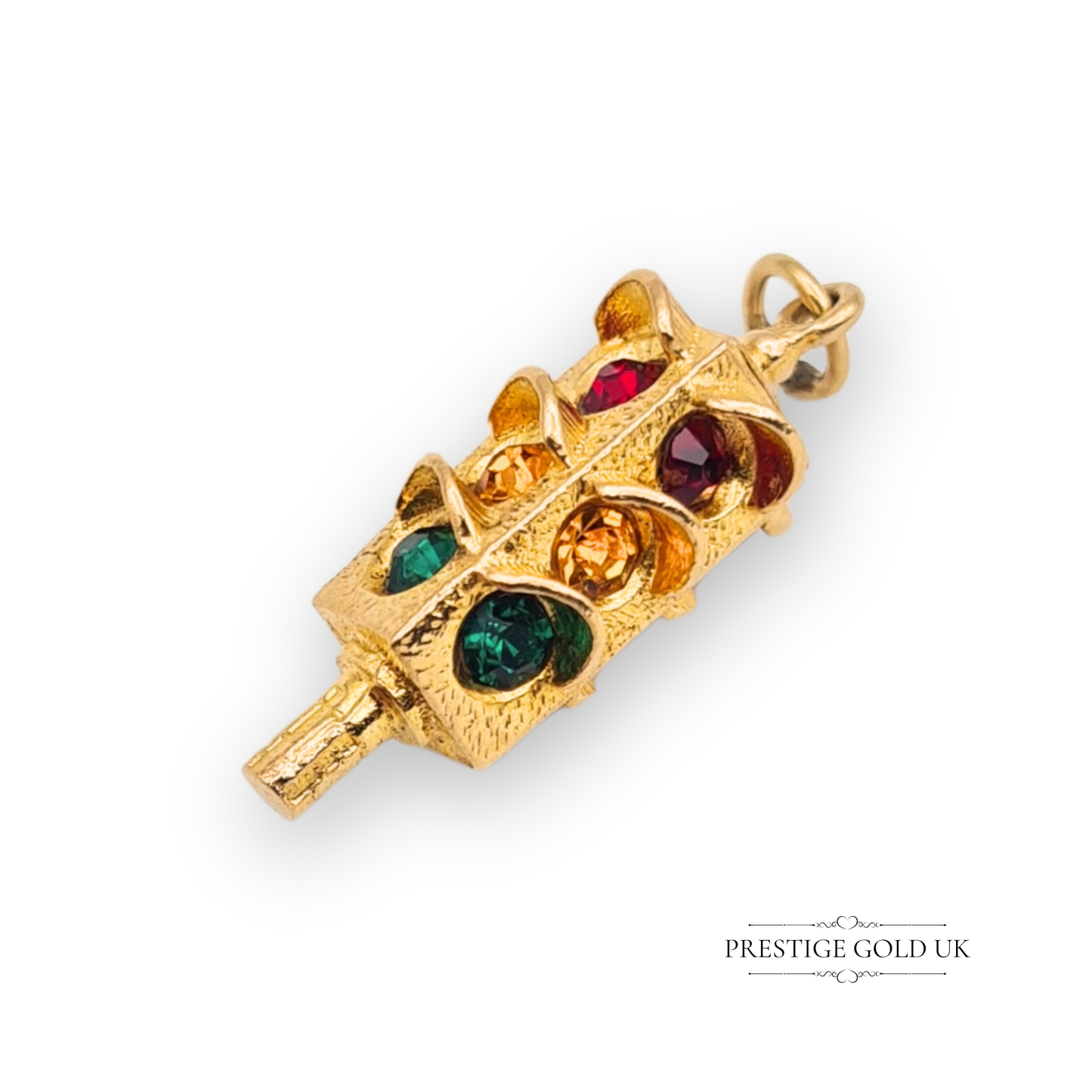 9ct gold traffic light charm pendant with red, amber, and green gemstones, 25mm long vintage gold jewellery piece with novelty design