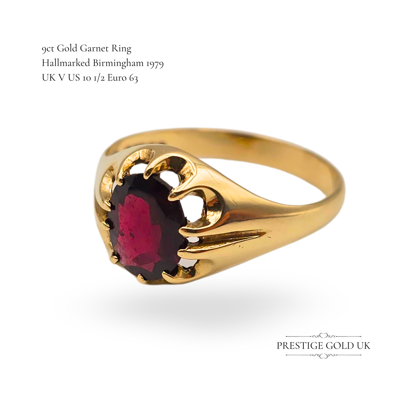 9ct Gold Garnet Solitaire Ring, 1979 Oval Claw-set Signet UK V US 10 1/2