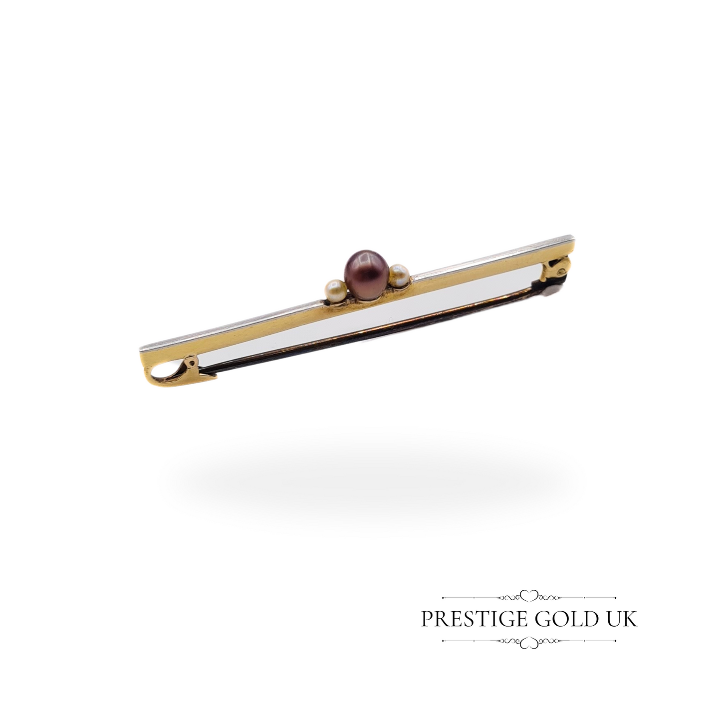 Vintage 9ct Gold Bar Brooch with Black & White Pearls, 4.5cm, 1 3/4 ” Length,