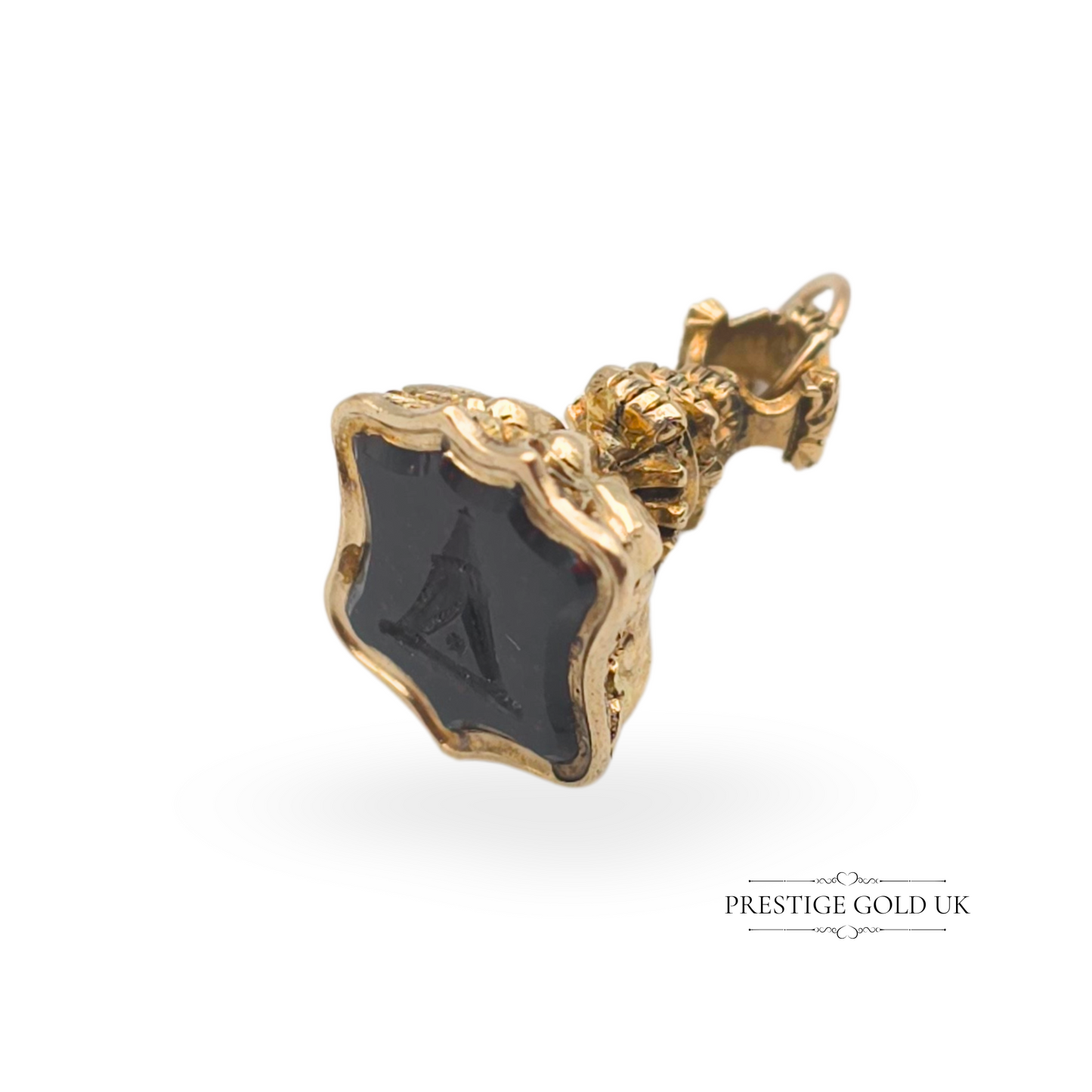 Antique 9ct Gold Shield Fob, Hand-Engraved Intaglio Bloodstone,