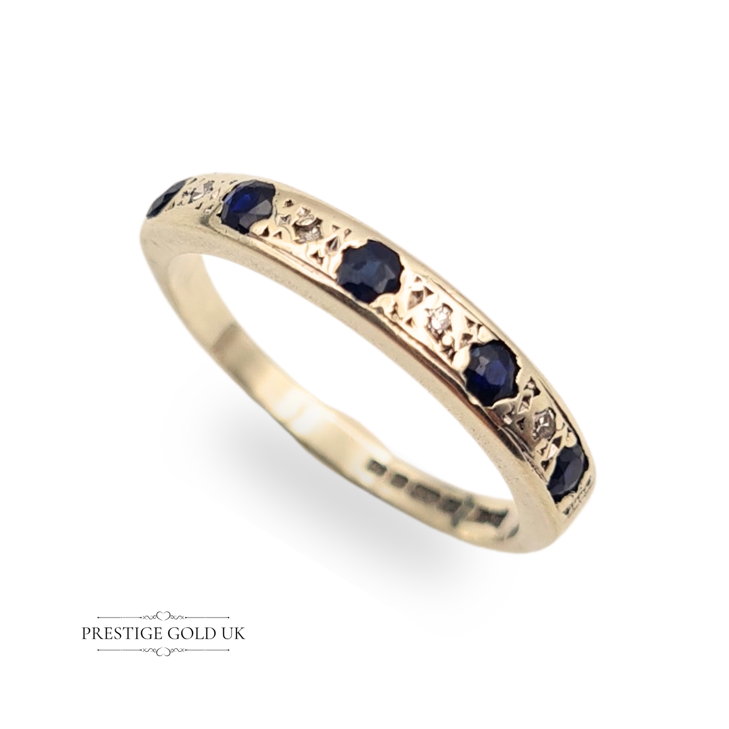 Vintage 9ct white gold half eternity ring with alternating sapphires and diamonds, delicate pierced setting, 3mm band, fully hallmarked Birmingham 1975, size UK J 1/2 / US 5