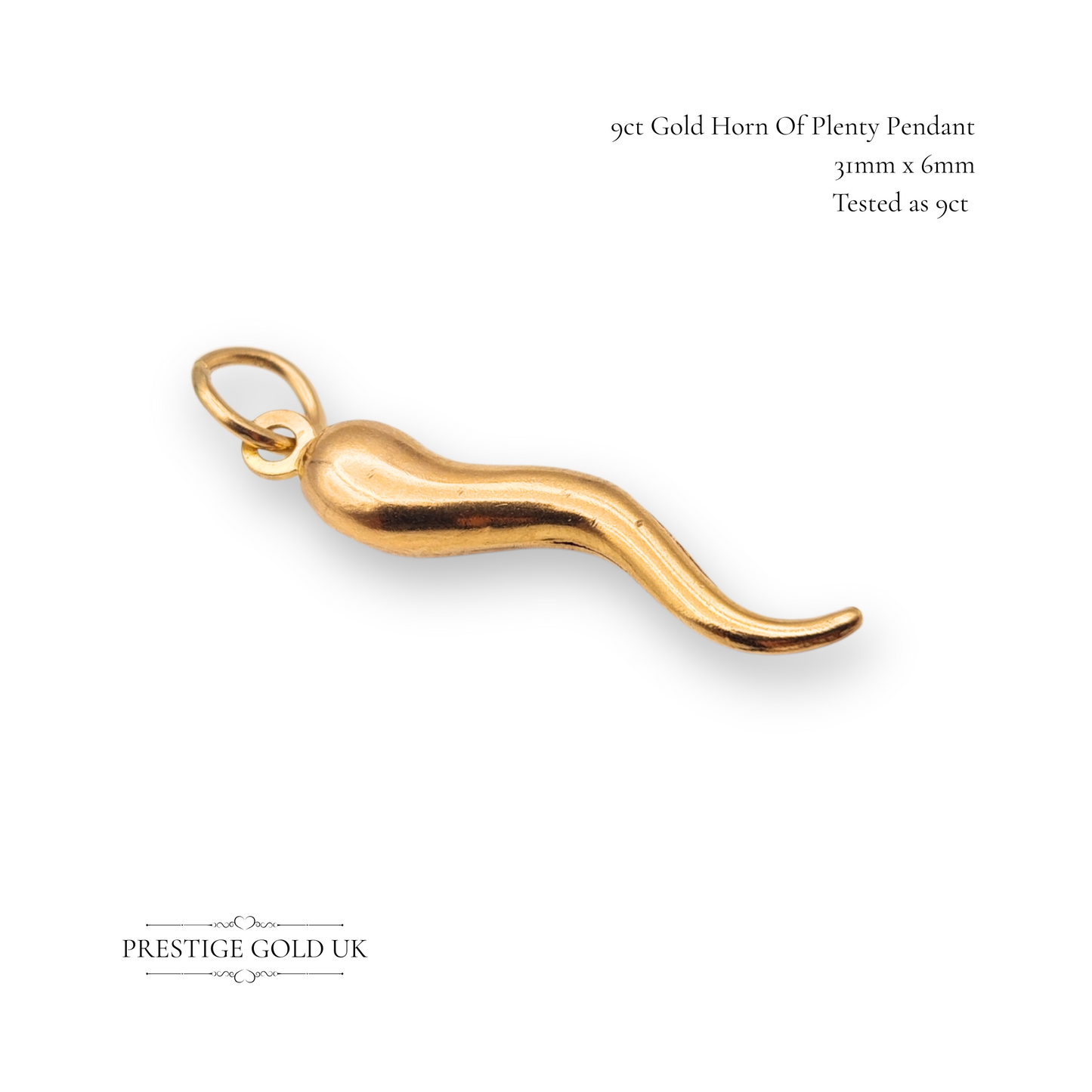 Large 9ct Gold Cornicello Pendant, Talisman Horn of Plenty Charm