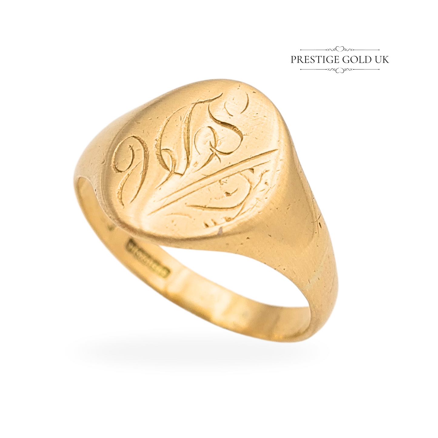 9ct gold engraved signet ring weighing 3.73g, hallmarked Birmingham 1989, size UK S (US 9), with an oval 14mm x 11mm monogrammed face, fully British hallmarked, a bold and characterful vintage gold signet ring.