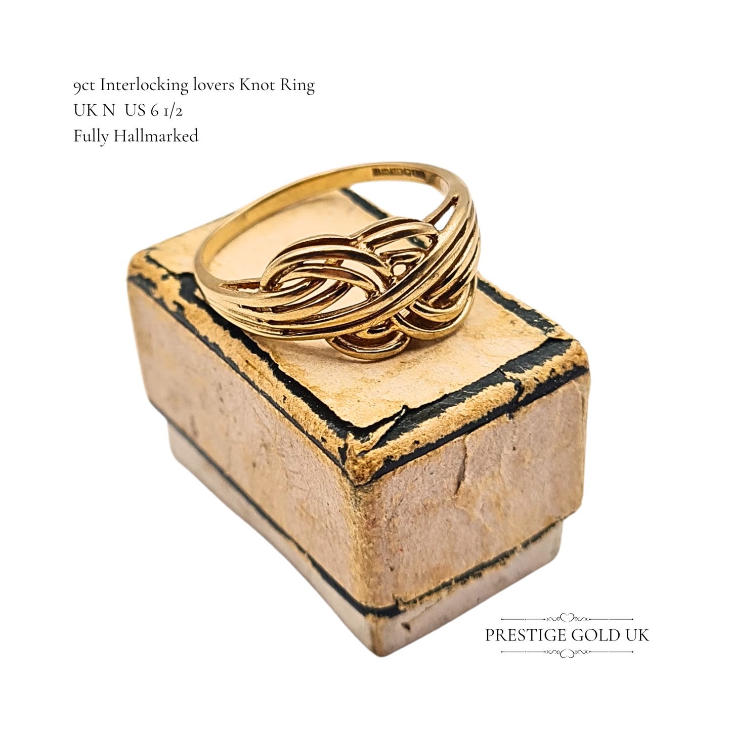 9ct Gold Vintage Lovers Knot Ring, Interlocking Twist Design , UK N US 6 1/2