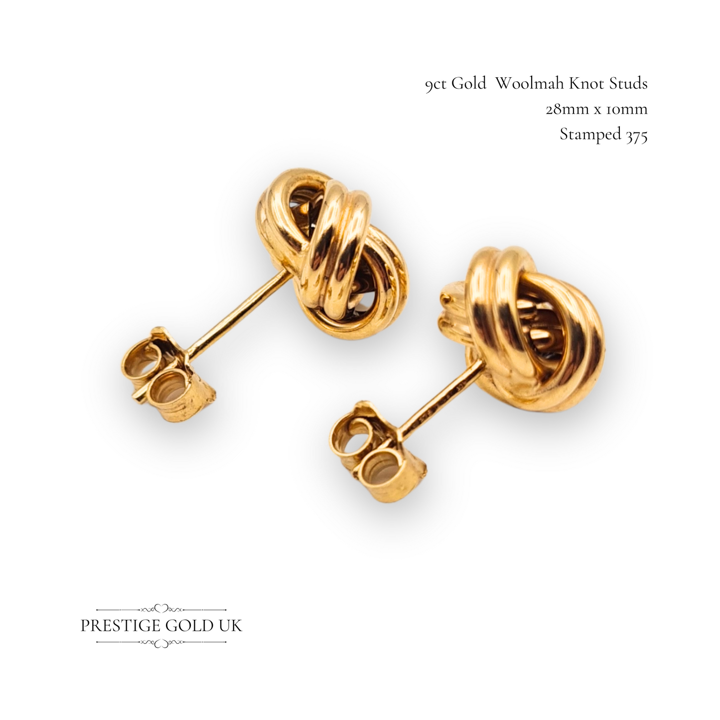 9ct Gold Woolmah Knot Stud Earrings, Stamped 375, Butterfly Backs