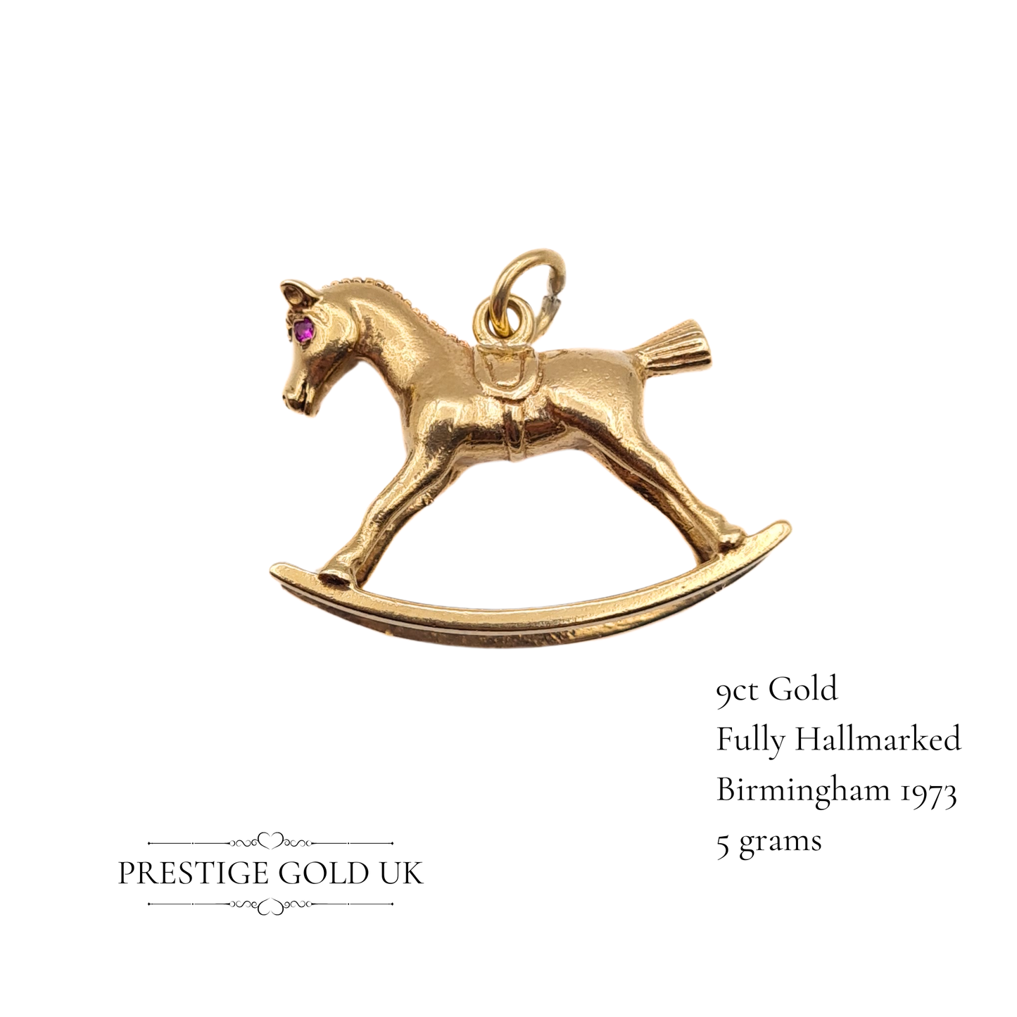 Vintage 9ct Gold Solid Rocking Horse Charm with Red Stone Eyes