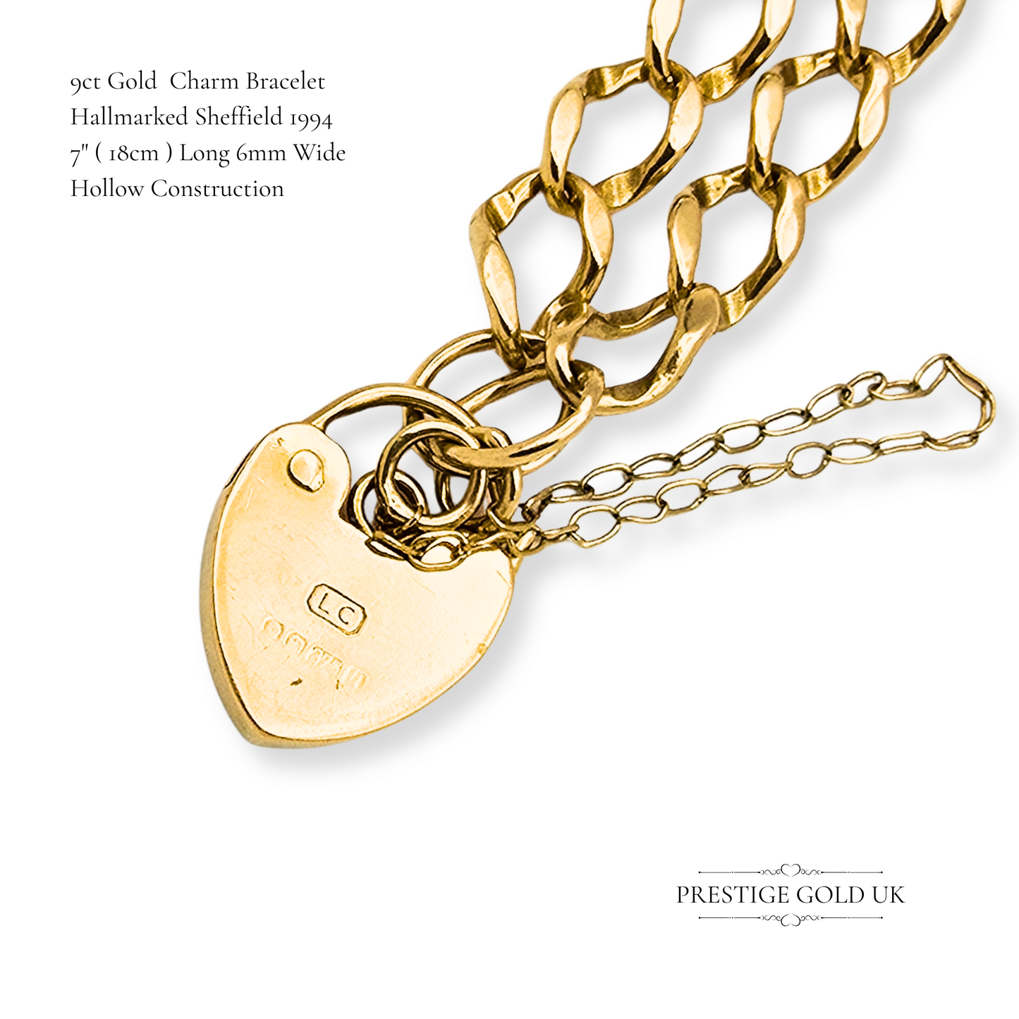 7" Long 9ct Gold Heart Padlock Bracelet, Small Heart Padlock Clasp