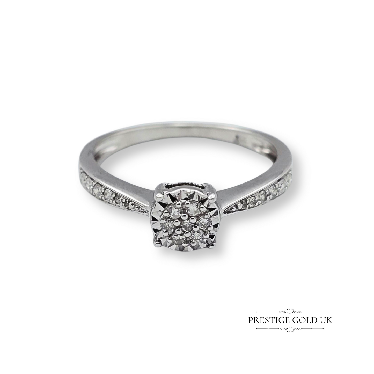 9ct White Gold Diamond Engagement Ring, illusion Set Diamonds UK M - US 6 1/4