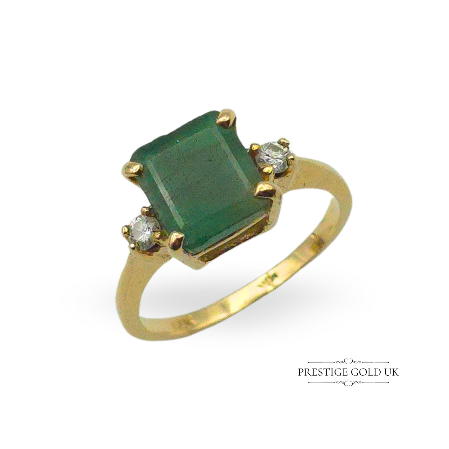 14ct Gold Emerald & Diamond Trilogy Large Emerald Ring UK N / US 6 3/4 / EU 54