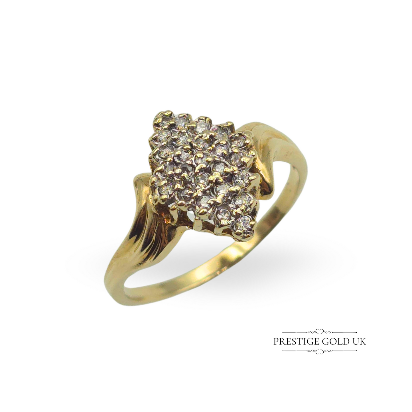 A vintage-style 9ct gold diamond cluster ring with an elegant setting, UK size S½ (US 9¼, Euro 60.5). Previously resized, with hallmark removed, but fully tested as 9ct gold. A sparkling and sophisticated clearance item, perfect for a special occasion or jewellery collection.