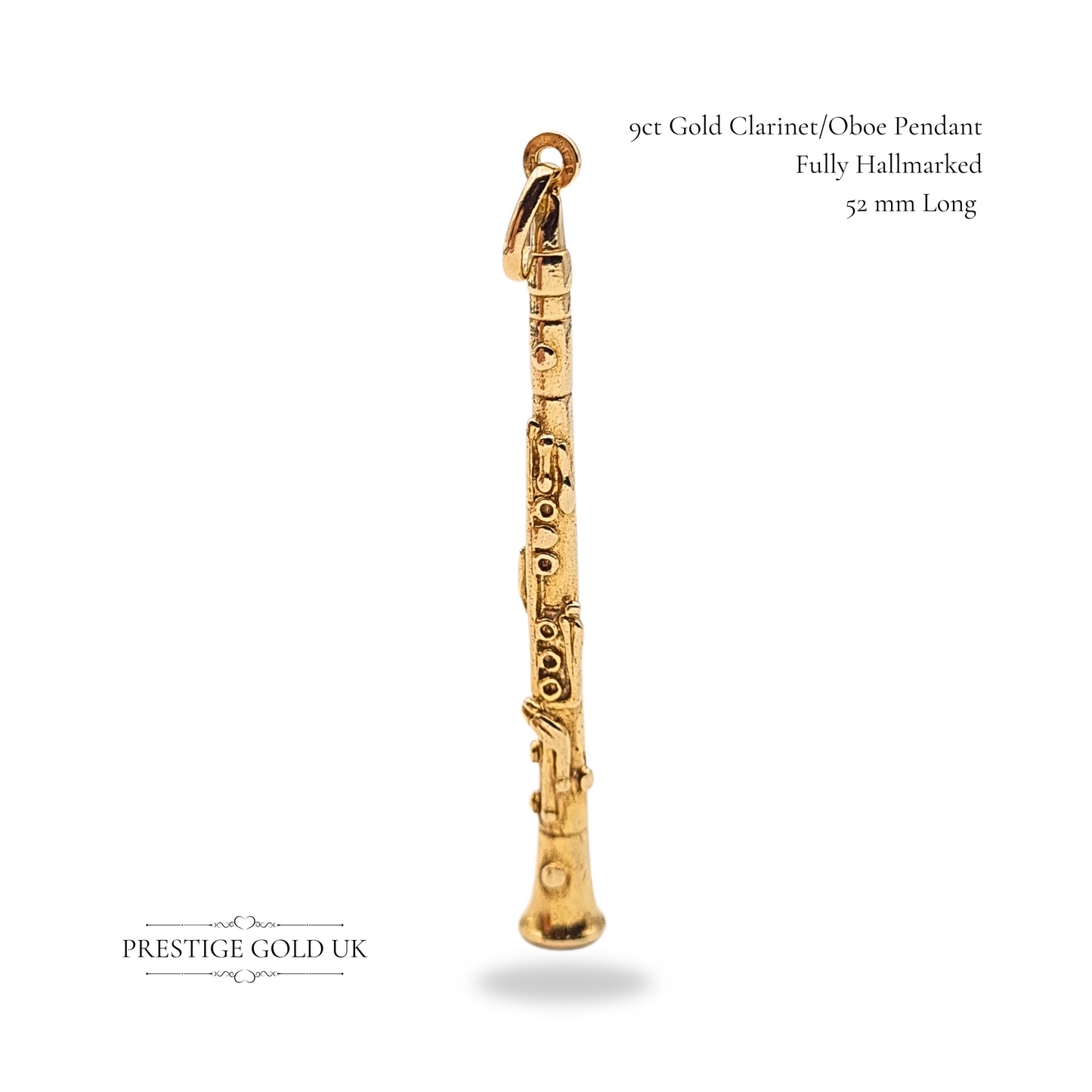 Large Solid 9ct Gold Clarinet Oboe Pendant, Heavy Musical Jewellery Gift Charm