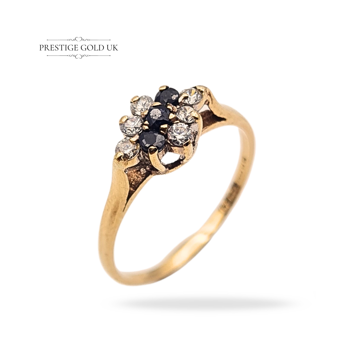 9ct Gold Sapphire & CZ Cluster Ring, Hallmarked London 1990, Size UK L 1/2 US 6