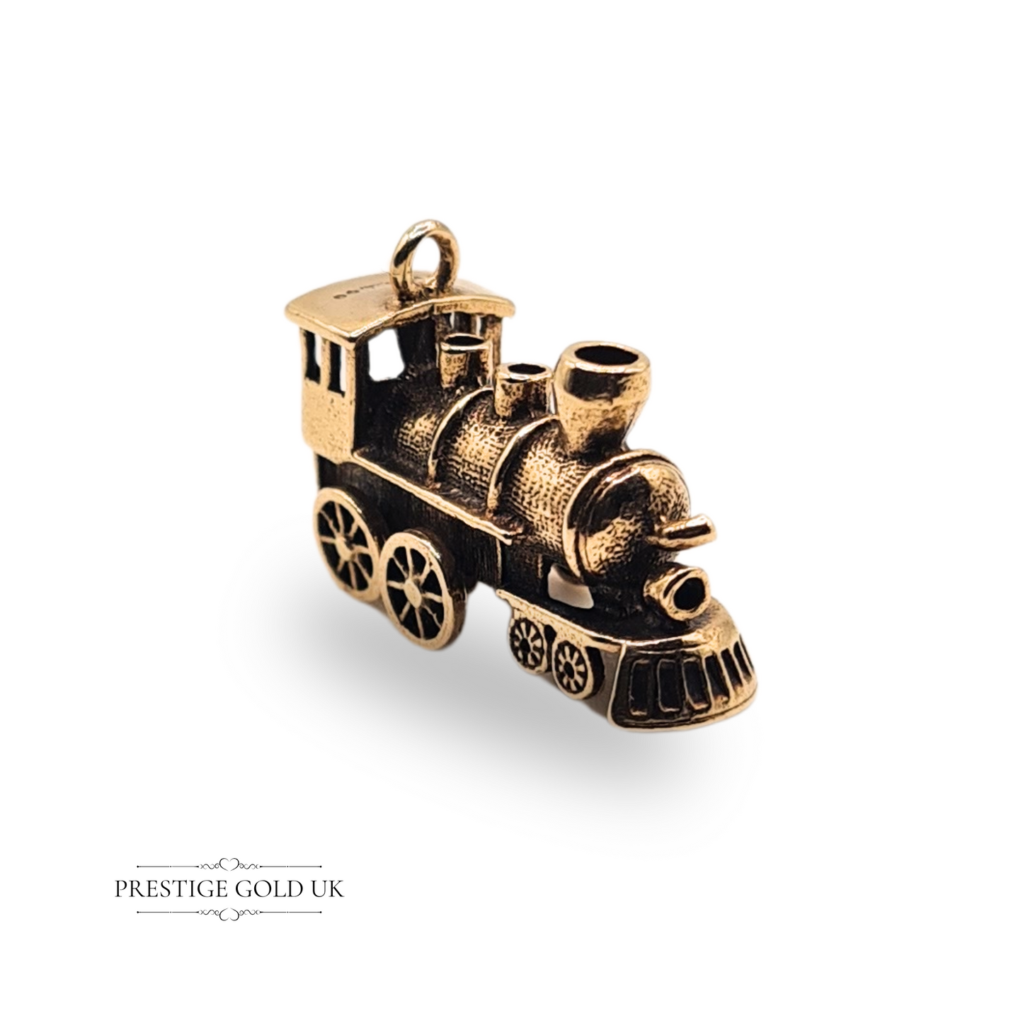 9ct Gold Train Charm Pendant Hallmarked London Moving Wheels