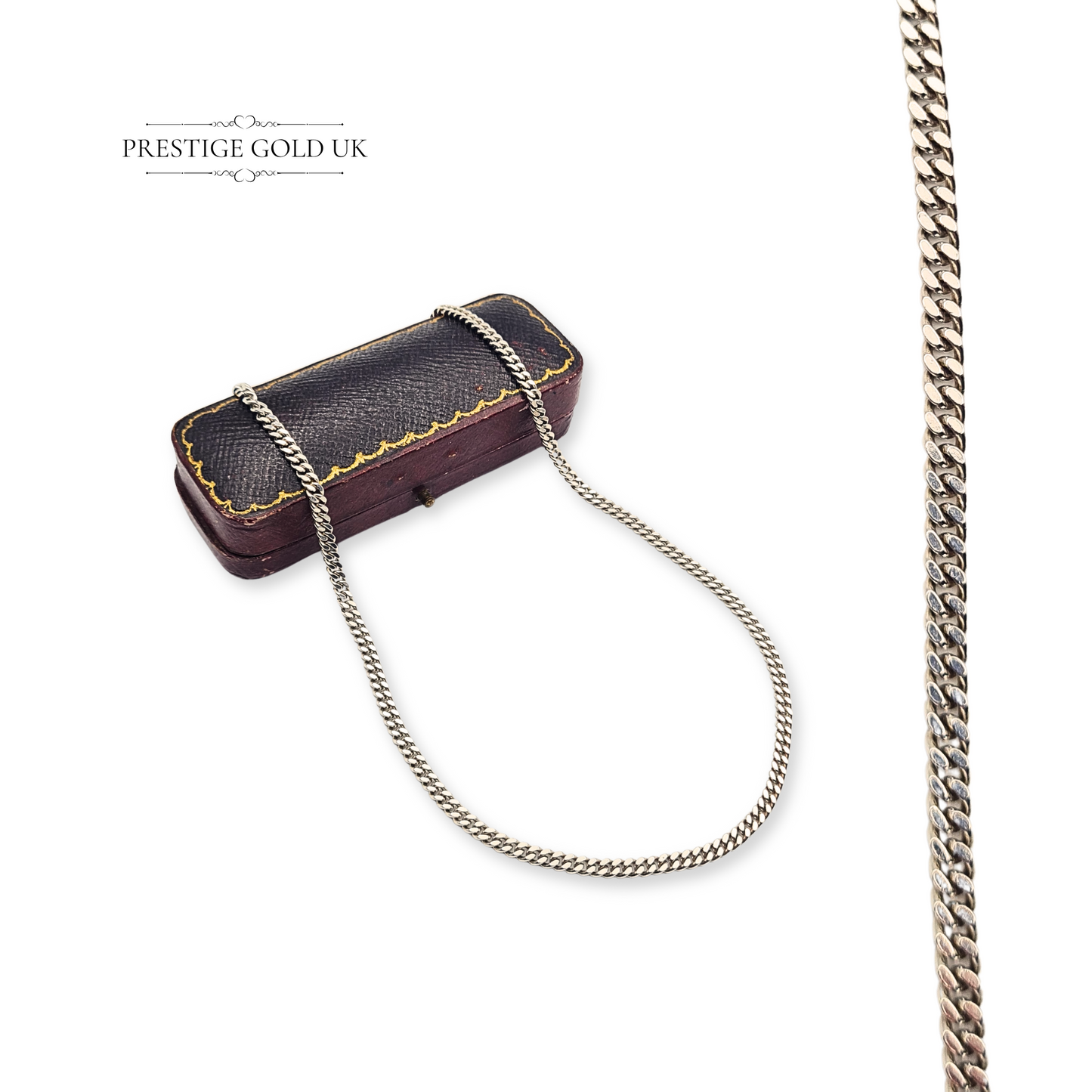 Vintage 925 sterling silver curb chain necklace, hallmarked, measuring 16 inches (41 cm) long and 3 mm wide, weighing 11.21 g. Classic unisex design with a polished finish and secure clasp, ideal for everyday wear or layering.