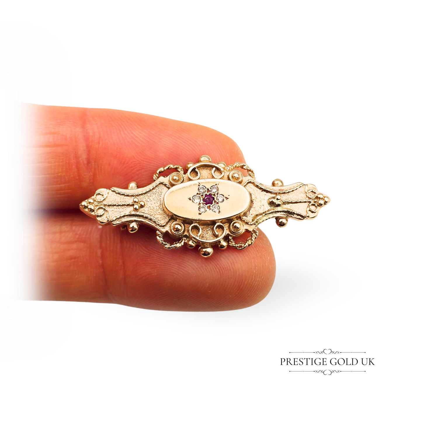 9ct Gold Ruby Diamond Set Ornate Brooch Element Scroll Work, Hand Crafted